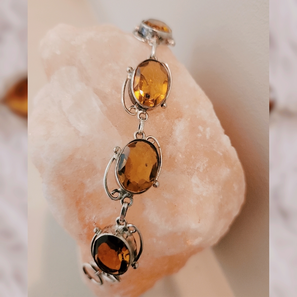 Elegant Silver and Amber-Bicolor Citrine Gemstone Bracelet Desiqned In Brazil